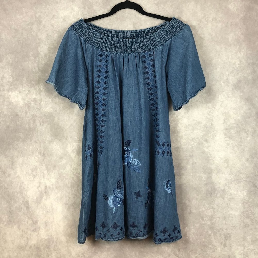 Copper Key Dress Womens Small Denim Chambray Embroidered Floral Bohemian Western